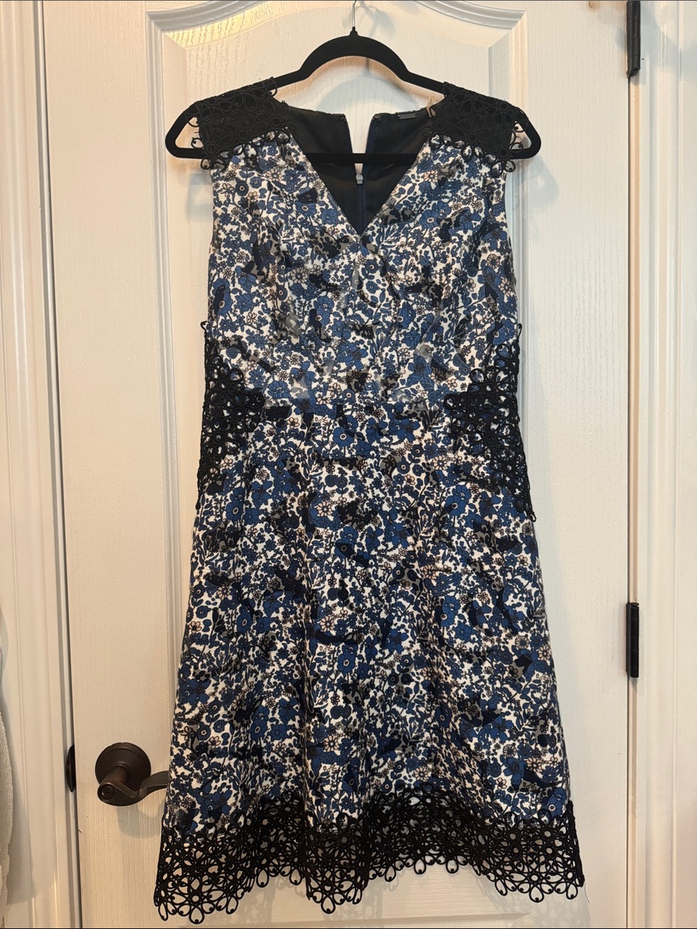 Elie Tahari Blue and Black Floral Lace-Trim Midi Dress